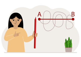 Little girl with a red pencil in her hand. A line is drawn from point A to point B, a straight and difficult path, the shortest distance to the goal, an easy or short path in study.