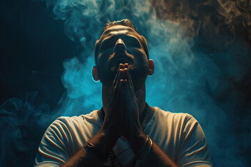 Latin American man prays to god on dark studio background. Cinematic effect