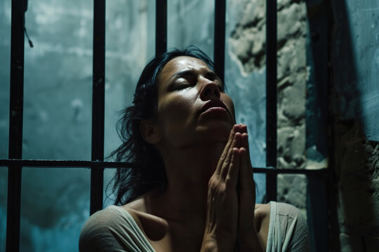 Latin American woman prays to god in dark prison. Cinematic effect