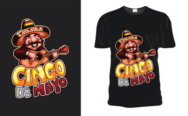 Mexican man playing guitar at Cinco de Mayo carnival. traditional holiday in Mexico Cinco de Mayo T-shirt with a smiling Mexican musician. Modern Minimalist T-shirt Design