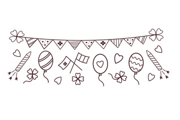 Irish flags, clover, flying balloon. Traditional St. Patrick's day symbols. Vector isolated illustration on a white background.