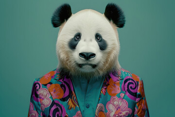 Stylish panda in vibrant suit and teal shirt against muted green studio backdrop