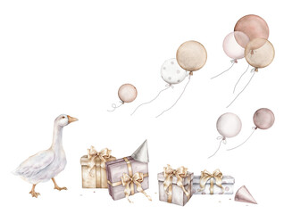 Watercolor gift boxes with gold bows and goose and balloon for birthday pastel golden. party popper and exploding confetti. Hand drawing illustration on isolated background. For holidays design.