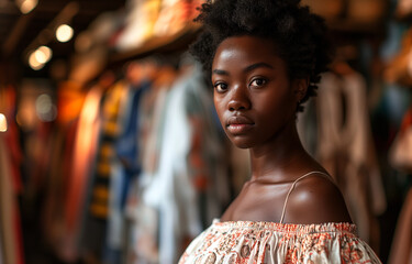 Young dark-skinned saleswoman in a clothing store. A young woman in the workplace. Portrait of an African-American woman. Bokeh in the background.