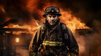 Fototapeta premium Heroic fireman in action, rescuing burning house with empty area for inserting text