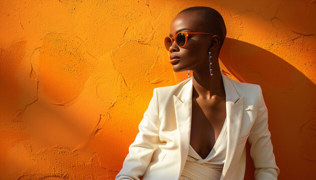 portrait of a cool and modern black woman with sunglasses in front of a orange wall background