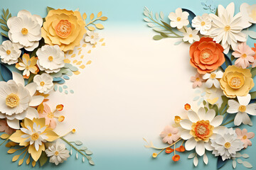 Obraz premium Framework for photo or congratulation with paper blossom and flowers. Woman's day, 8 march, Easter, Mother's day, anniversary greeting card