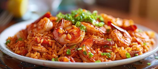 Foto op Plexiglas A plate of shrimp and rice, featuring Cajun Jambalaya, is placed on a table. The vibrant colors and textures of the dish are showcased against the simple backdrop of the table. © 2rogan