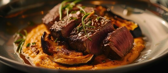 This close-up shot showcases a plate of food on a table, featuring a delicious dish of dry-aged Wagyu roast beef paired with a pepper cream sauce, fennel, and eggplant. The intricate details of the