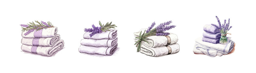 Stack of terry towels with lavender flowers set watercolor. Vector illustration design. - obrazy, fototapety, plakaty