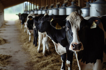 Dairy cows lined up in a barn, attentively looking out.