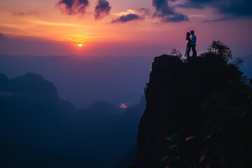silhouette of a couple on top of the mountain at sunset
