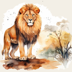 Lion on savannah watercolor. Vector illustration design.