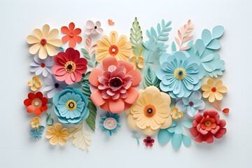 Beautiful paper flowers in pastel color palette. Paper art botanical background.