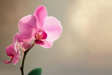 Naklejka na ściany i meble A pink orchid, its delicate hues standing out vividly against a plain, softly blurred background, illuminated by natural light.