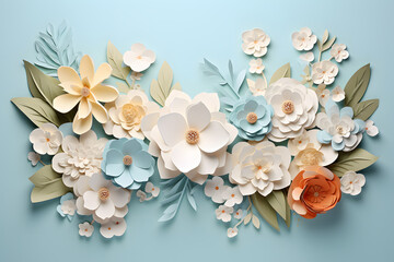 Obraz na płótnie Canvas Beautiful paper flowers in pastel color palette. Paper art botanical background.