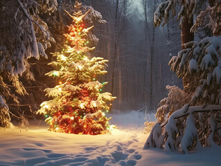 Magical Christmas Tree in the Snowy Forest