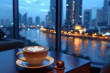 Hot drink with Rosetta Latte art at break time. Generative AI - obrazy, fototapety, plakaty