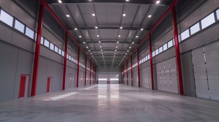 Empty storehouse background of Warehouse industrial and logistics companies. Commercial warehouse. Huge distribution warehouse with high shelves. Low angle view.