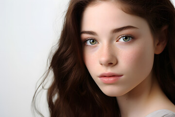 Naklejka premium Pretty brunette teenage girl with green eyes in front of gray background