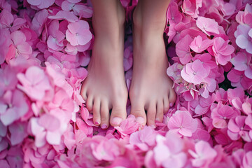 Obraz na płótnie Canvas Bare feet standing amidst a dense carpet of vibrant pink hydrangea petals.