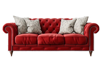 a red sofa with white cushions isolated on transparent background, png file