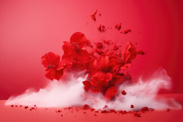 Explosive burst of red flower petals above a misty white surface against a crimson backdrop.
