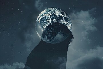A wise owl merged with the silhouette of a full moon against a starry night sky in a double exposure 