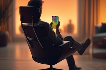 A rear view of a man in a sleek swivel chair, engaged with a mobile phone showing a vibrant travel map