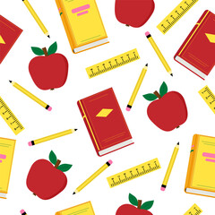 Vector colorful seamless pattern for graduation, teacher day, education background with book, apple, pencil, line.
