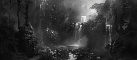 A powerful black and white waterfall cascading down rocks in a lush forest setting, creating a striking contrast between the rushing water and the surrounding trees and rocks.