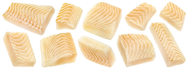 Fresh fish fillet pieces isolated on white background