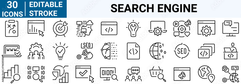 Poster search engine optimization vector web line icons. seo and business research outline icon set