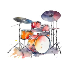 Fototapeta na wymiar Watercolor drum set on white background