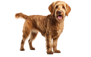 Large Brown Dog Standing. The dogs fur is a rich shade of brown and its ears are perked up It stands confidently with its tail wagging slightly. on a White or Clear Surface PNG Transparent Background.