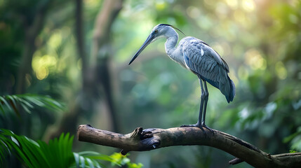 Fototapeta premium Asian Openbill Perched on Tree Branch with Soft Blurred Background Nature Scene