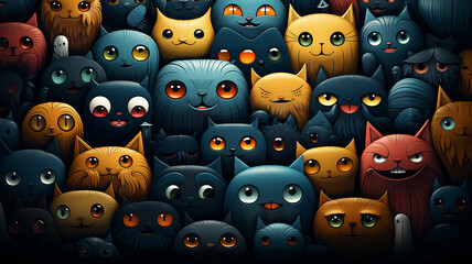 illustration group cartoon cute creatures similar to cats texture background many heads, fictional abstract creatures computer graphics - obrazy, fototapety, plakaty