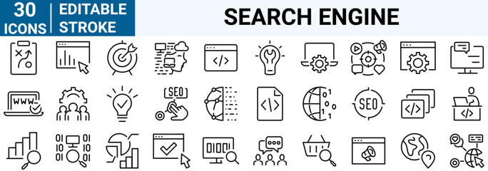 Search Engine Optimization vector web line icons. SEO and Business research outline icon set