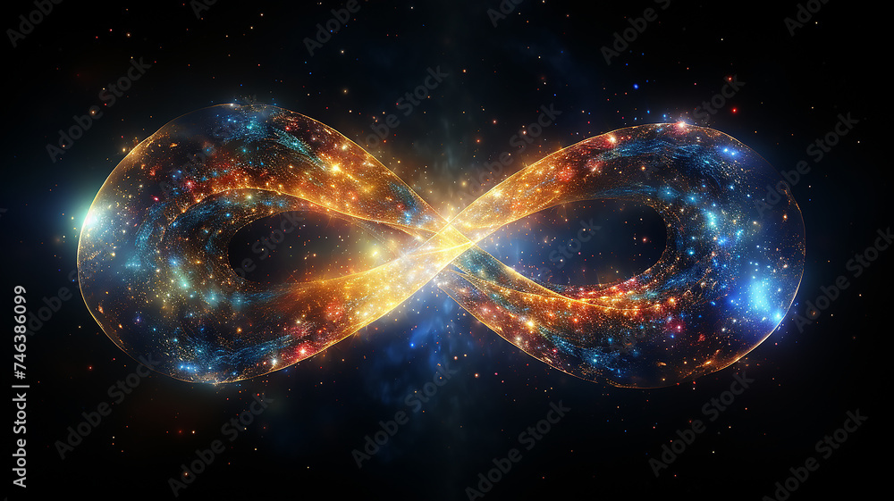 Wall mural glowing multicolored infinity symbol galaxy black cosmos, singularity sign isolated on background