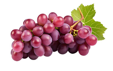 Fototapeta premium Bunch of Grapes With Green Leaves. A bunch of grapes with vibrant green leaves. The grapes are a rich purple hue and the leaves. on a White or Clear Surface PNG Transparent Background.