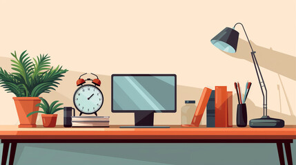 Workplace with computer, books, lamp and plant. Vector illustration style