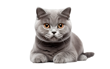 A gray cat with large eyes is seen lying down gracefully on a soft surface. The felines ears are alert and its tail is relaxed. on a White or Clear Surface PNG Transparent Background.