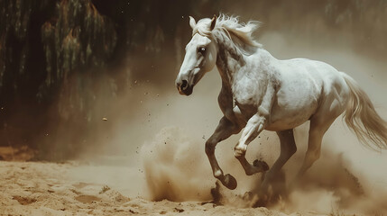 Graceful White Breed Andalusian Horse in Action - Running and Jumping with Blurred Background