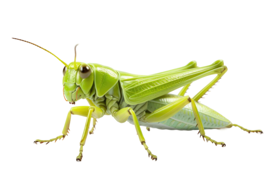 Close Up of Grasshopper. The grasshopper appears to be still, allowing for a clear view of its unique characteristics. on a White or Clear Surface PNG Transparent Background.