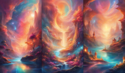 Set of three fantasy landscape vertical wallpapers.