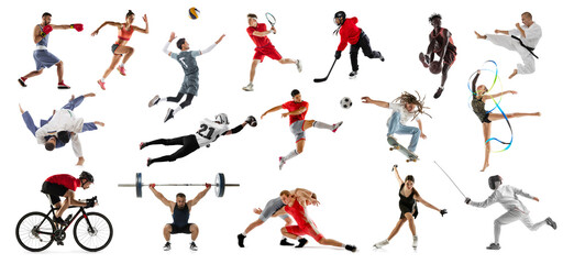 Team and individual kinds of sport. Collage made of portraits different sportsman training in...