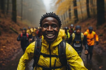 A group of athletes in a group photo after a race in the forest, everyone is smiling and in high spirits
