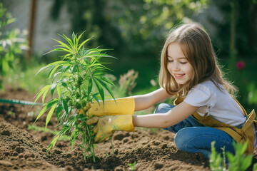 cute little girl in a hat is planting hemp, marijuana plants in a field against a natural and agricultural background