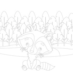 Vector children's illustration for young children. Raccoon in the forest coloring book.