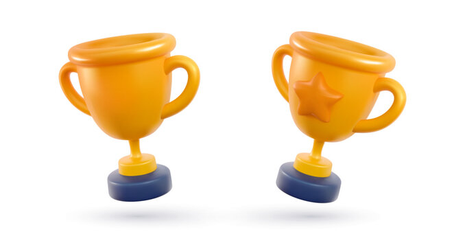 Champion cups set 3d cartoon vector illustration. Win prize, first place sport competition isolated design element. Isolated cartoon trophy cup on white background.